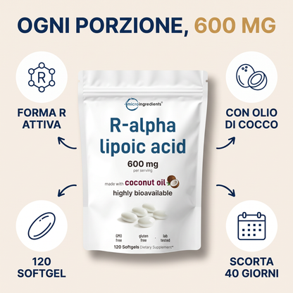 Acido R-Alfa Lipoico 600 mg con Olio di Cocco – 120 Softgel