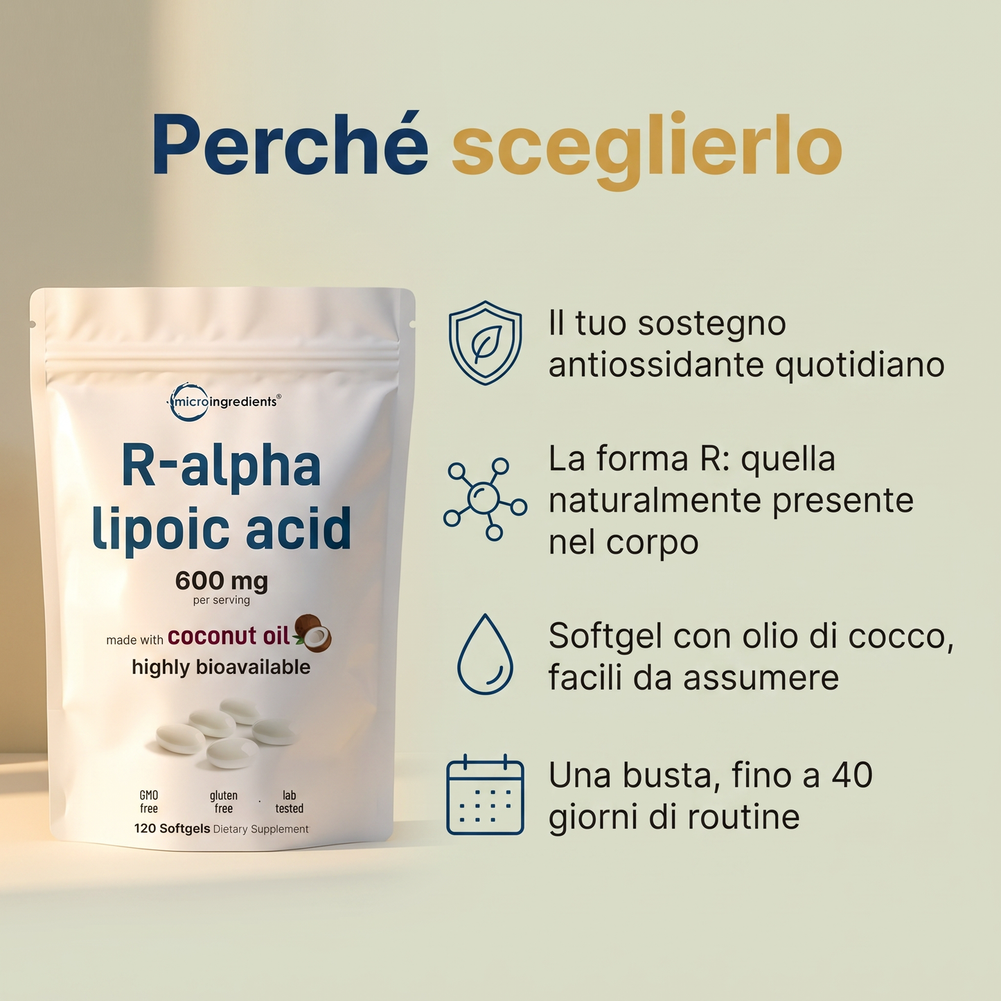 Acido R-Alfa Lipoico 600 mg con Olio di Cocco – 120 Softgel