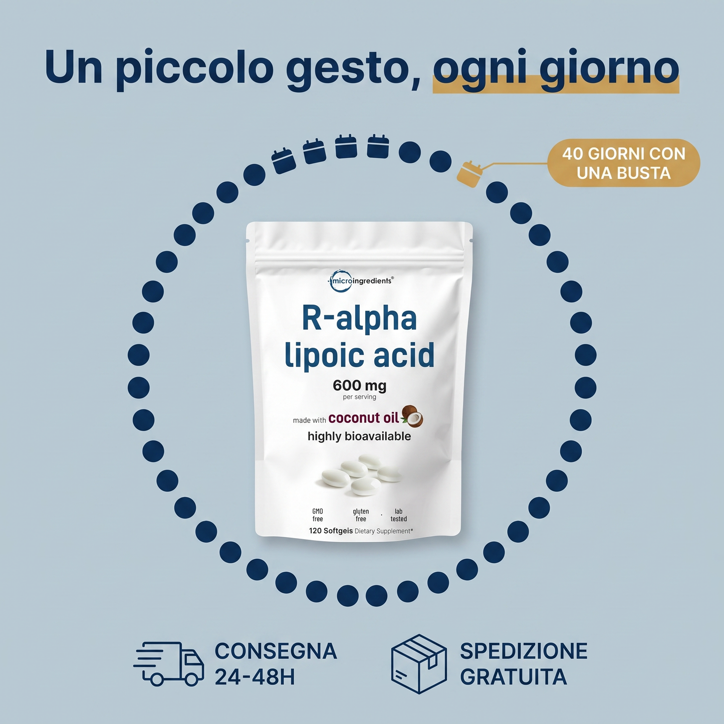Acido R-Alfa Lipoico 600 mg con Olio di Cocco – 120 Softgel